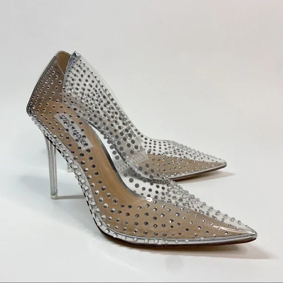 Steve Madden Women's Vala-r Heel in Rhinestone Crystal Silver Clear Pointed Toe - Picture 3 of 14